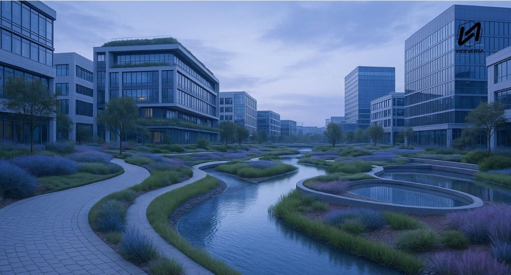 Sponge Cities: Avance tecnológico de China vs inundaciones urbanas 5 Una sponge city modifica el ciclo del agua, lo que puede ser perjudicial para el cambio climático. (Visual Arte IA - Viceversa.News)