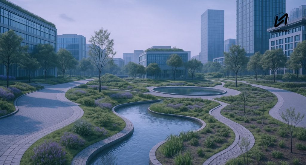 Sponge Cities: Avance tecnológico de China vs inundaciones urbanas 6 Una sponge city modifica el ciclo del agua, lo que puede ser perjudicial para el cambio climático. (Visual Arte IA - Viceversa.News)