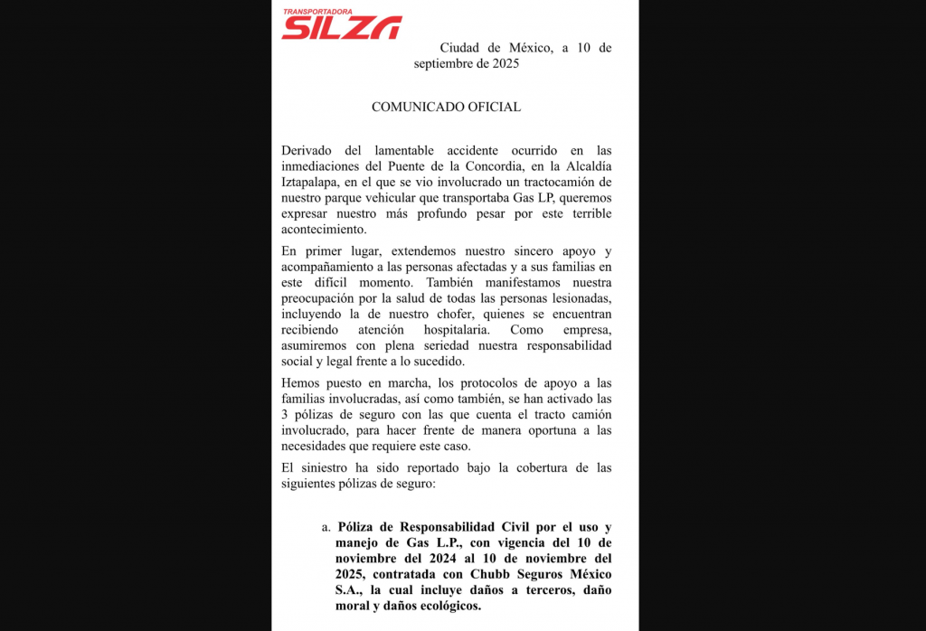 Comunicado de Transportadora Silza (Grupo Tomza) respuesta a ASEA.