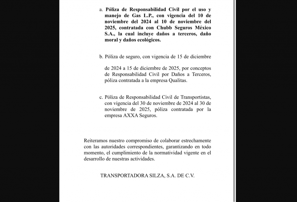 Comunicado de Transportadora Silza (Grupo Tomza) respuesta a ASEA.