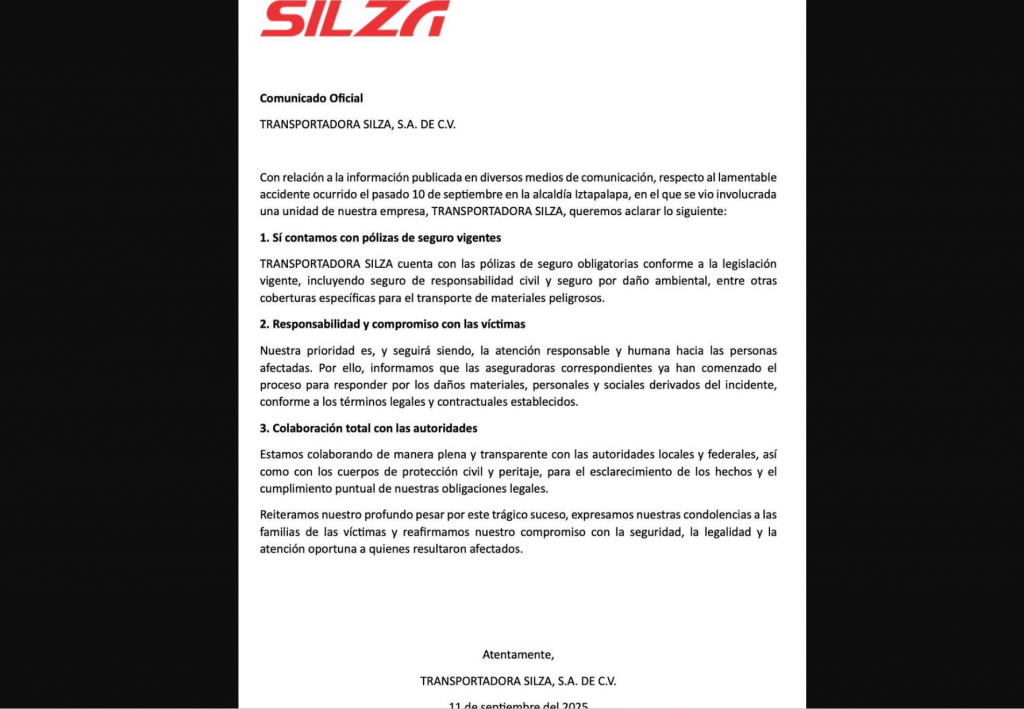 Comunicado de Transportadora Silza (Grupo Tomza) respuesta a ASEA.