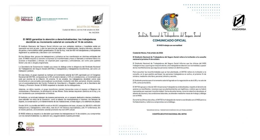 Incremento a trabajadores del IMSS: comunicados Segob y SNTSS (Visual: ViceversaNews)
